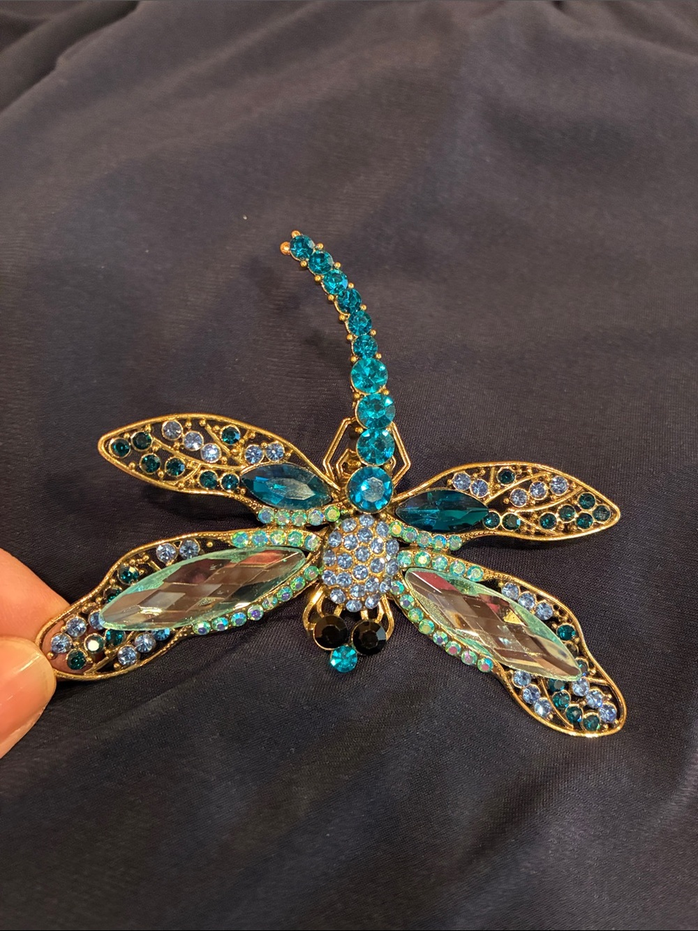 Large Blue Dragonfly Brooch - Rhinestone and Crystal and Gold Tones (ABBA) - Picture 4 of 16